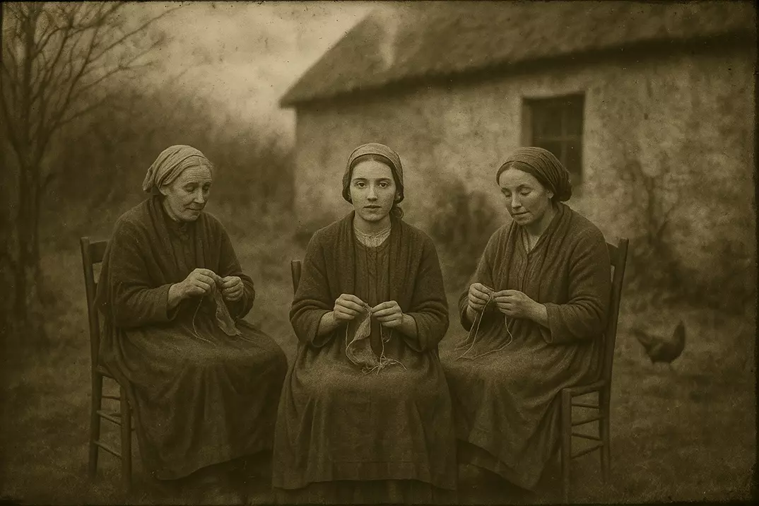 Mujeres irlandesas del siglo XIX tejiendo crochet en una casa rural