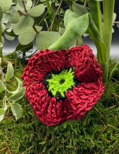 Pendientes Mak de crochet artesanal rojo de la colección Flores Efímeras de BeMeknes en un jardin.