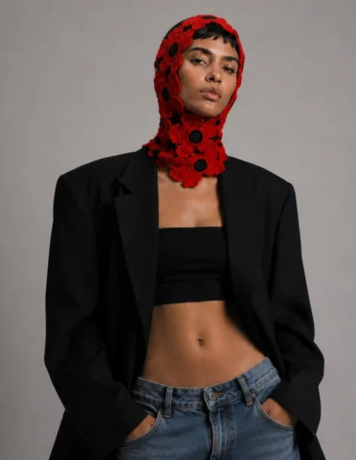 Modelo con bataclava artesanal de amapolas de la colección Flores Efímeras