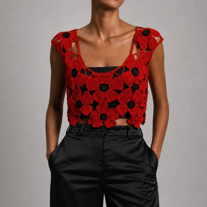 Modelo con blusa artesanal de amapolas de la colección Flores Efímeras