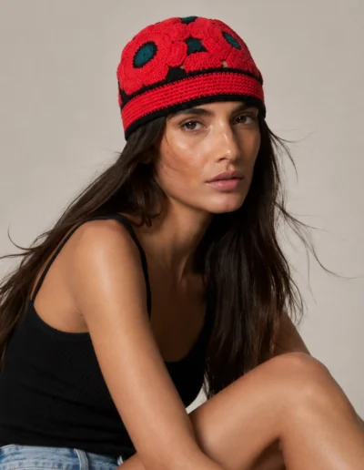 Modelo con casquete artesanal de amapolas de la colección Flores Efímeras
