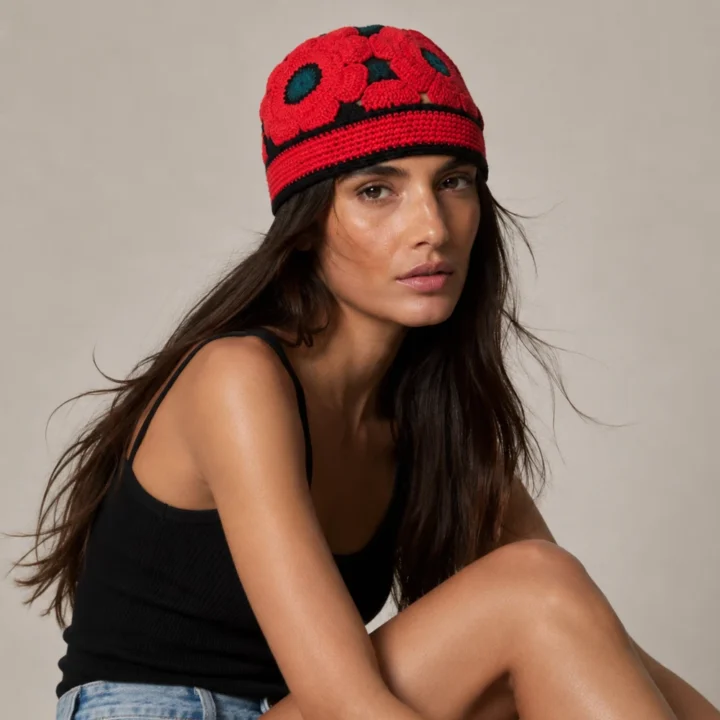 Modelo con casquete artesanal de amapolas de la colección Flores Efímeras