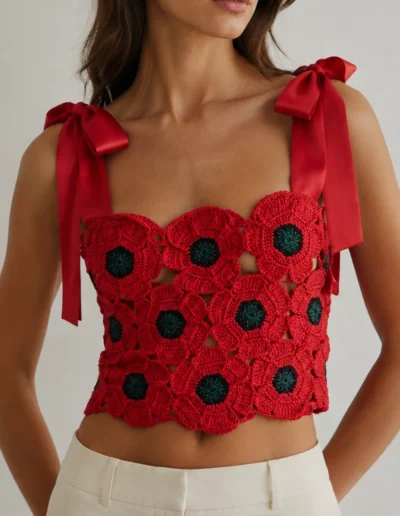 Modelo llevando top de amapolas con lazos Flores Efímeras de BeMeknes