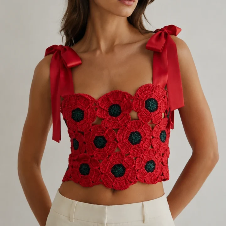 Modelo llevando top de amapolas con lazos Flores Efímeras de BeMeknes