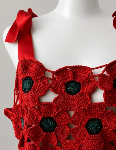 Detalle de flores de amapola hechas a mano y lazos de satén en top artesanal BeMeknes