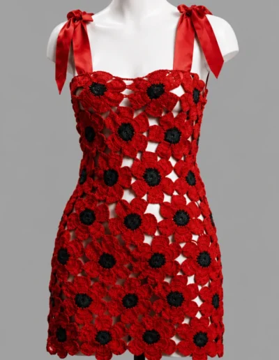 Vestido Lazos Flores Efímeras con flores de amapola y lazos rojos de satén