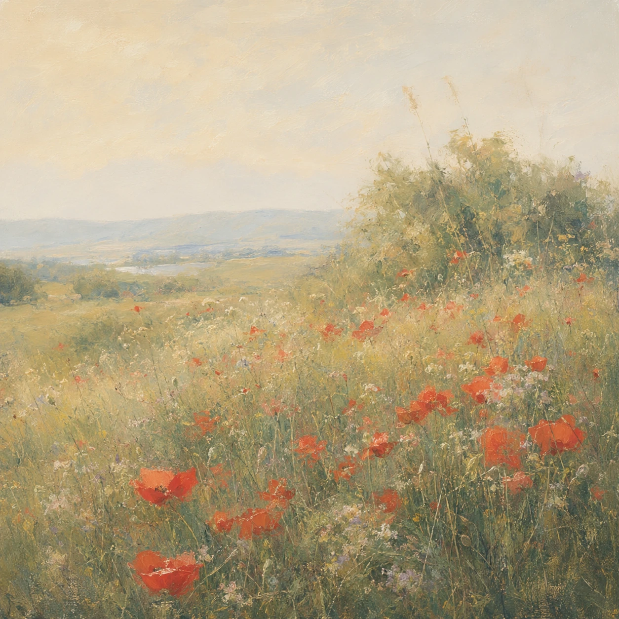 Amapolas rojas como manchas de color en un paisaje claro