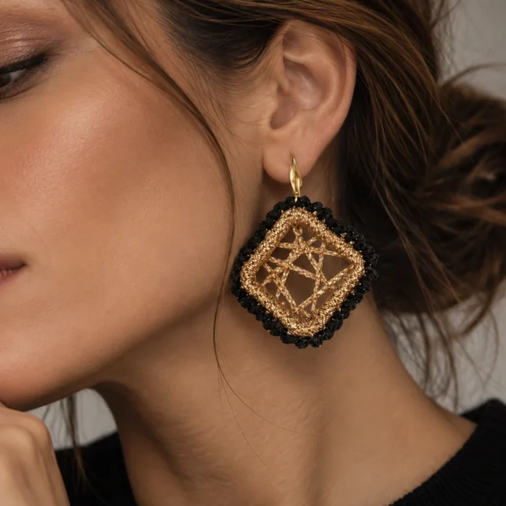 Pendientes artesanales de joyería textil Sortilegio en negro y dorado